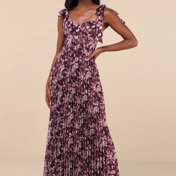 Lulus Illustrious Aura Plum Purple Floral Bustier Tie-strap Maxi Dress - Size S - Picture 1 of 1